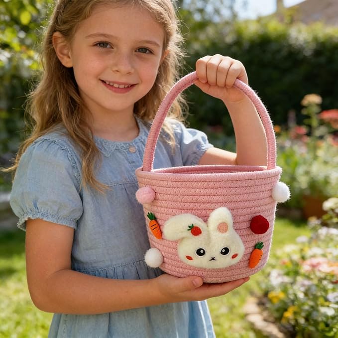 Cute Rabbit Easter Basket, 2026 New Soft & Durable Woven Easter Bunny Basket for Egg Hunt, Personalized Easter Basket with Handle for Boys, Girls, Easter Party Supplies (Pink 6.3 Inches)