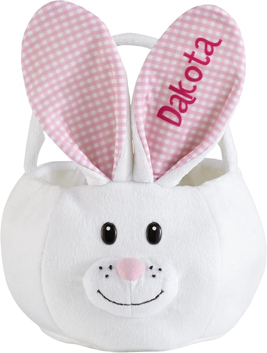 Let's Make Memories Personalized Easter Basket for Kids - Custom - For Boys and Girls - Fillable - With Optional Easter Basket Stuffers - Plush Bunny with Pink Gingham Ears