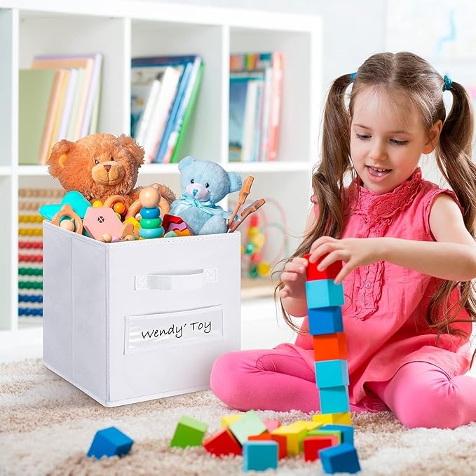 artsdi Fabric storage cubes (Set of 8) 11 Inch Cube Storage Bin, Cube storage with 8 Labels Window Cards & a Pen, Foldable cube Organizer bins,11x11 Storage bin, Cubby Organizer Boxes, White