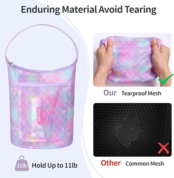 Kids Mesh Shower Caddy - Small Portable Toiletry Tote Bag for Camp Dorm Gym, Quick Dry Hanging Organizer with Zipper Pocket, Purple Mermaid