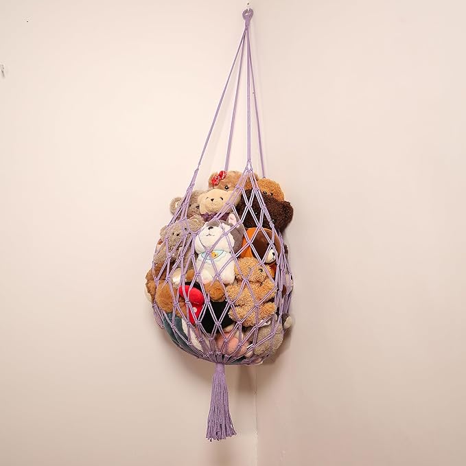 Stuffed Animal Storage Hammock Corner Hanging Net Stuffy Animal Hammock Macrame Toy Display Plush Toy Holder for Kid Bedroom Decor Boho Nursery Playroom Organizer (Purple)