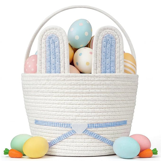 Easter Basket, Easter Bunny Basket with Removable Ears Woven Easter Egg Hunt Basket First Easter Gift Baskets Empty Easter Baskets Essentials Easter Bucket for Girls Boys Teens (Blue White)