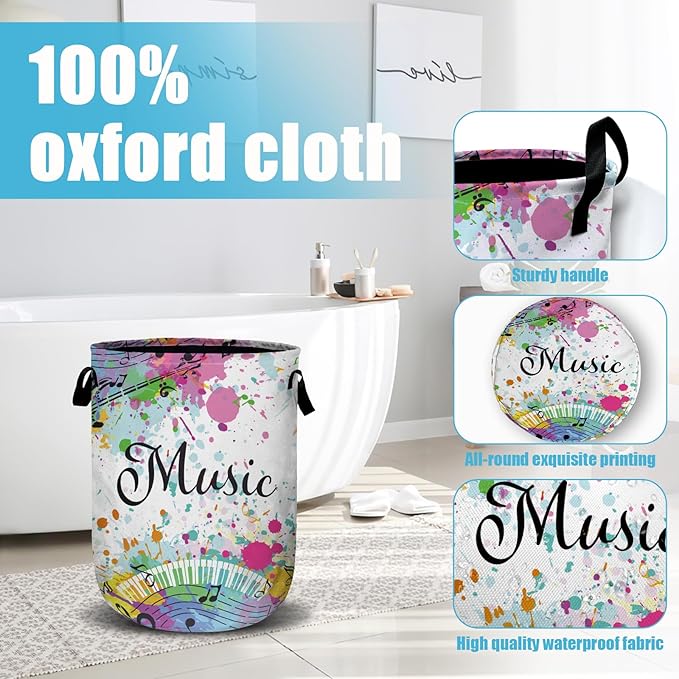 Music Guitar Laundry Basket, Laundry Hamper Collapsible Oxford Cloth with Handle Clothes Toy Storage Bin for Bathroom Laundry Room Bedroom 15.7 X 20 Inch