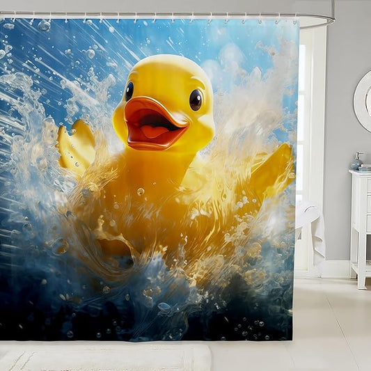 3D Cute Duck Shower Curtain, Blue Sea Surfing Bathroom Curtain for Kids, Teens, Women - Summer Ocean Sports Waterproof, Cartoon Farm Animal Style, 12 Hooks, 72" W x 78" L