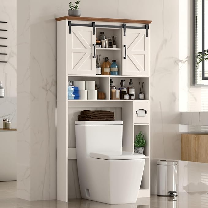 Over The Toilet Storage Cabinet,Farmhouse Space-Saving Toilet Rack With 2 Sliding Barn Doors,Bathroom Organizer with Toilet Paper Holder Stand & Storage Shelves,for Laundry, Restroom, Bathroom