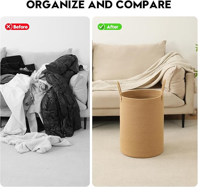 Woven Laundry Hamper Tall Rope Storage Basket for Blanket toys Dirty Clothes in Living Room Bathroom Bedroom (Jute Brown, 100L/26.4Gal)