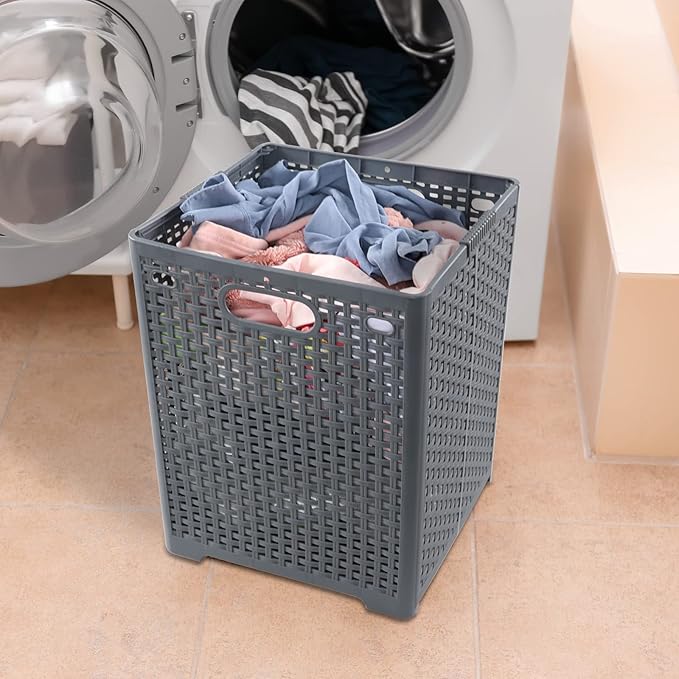 40 L Plastic Collapsible Laundry Hamper, Plastic Dirty Clothes Basket, Gray, Pack of 2