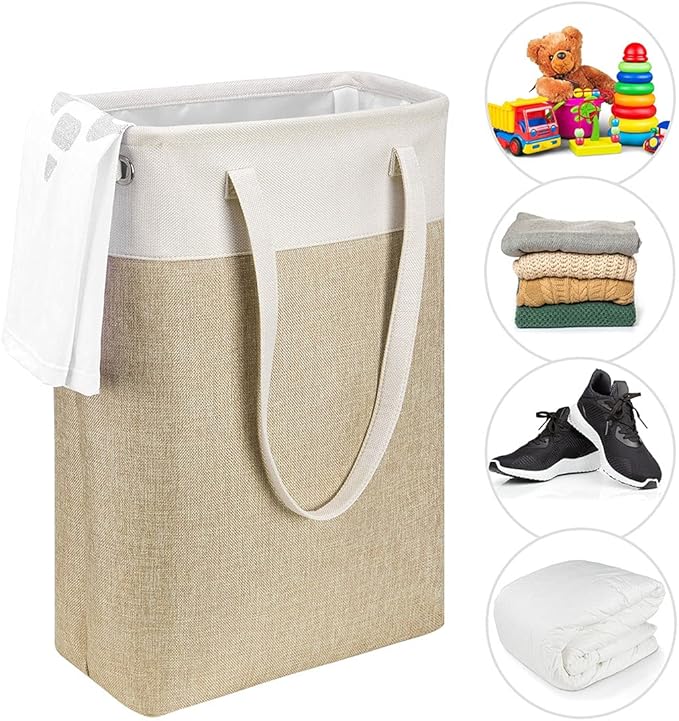 i BKGOO Laundry Basket with Handles Beige&Khaki-Slim Laundry Bin Collapsible Dirty Clothes Basket Narrow Laundry Bag Foldable Dirty Hamper for Camping, Dorms, Apartments