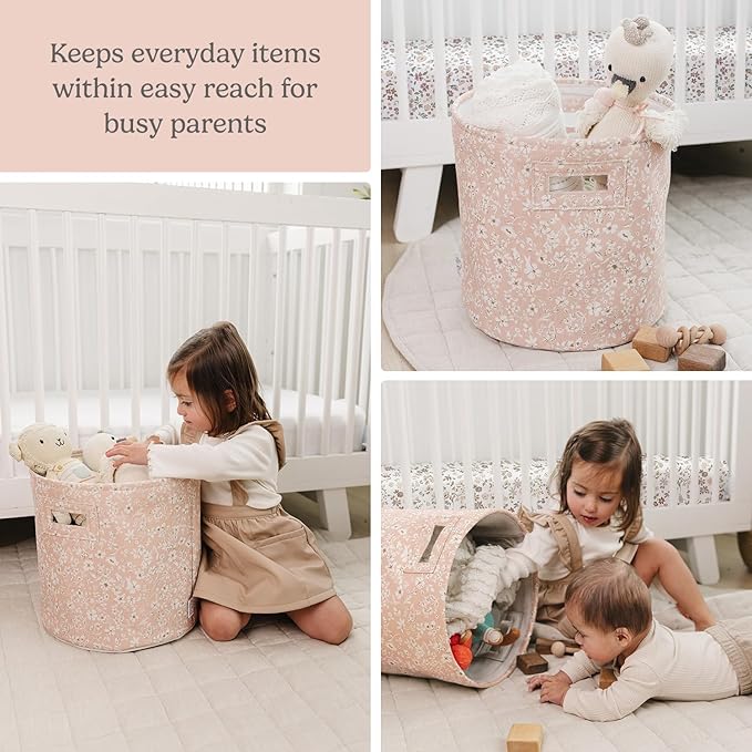 Sorrel + Fern Nursery Storage Basket (Fleurette), Soft Collapsible Fabric Toy Bin, Floral-Inspired Organizer for Playroom or Nursery, Gender-Neutral Decor, 13 × 13 Inches