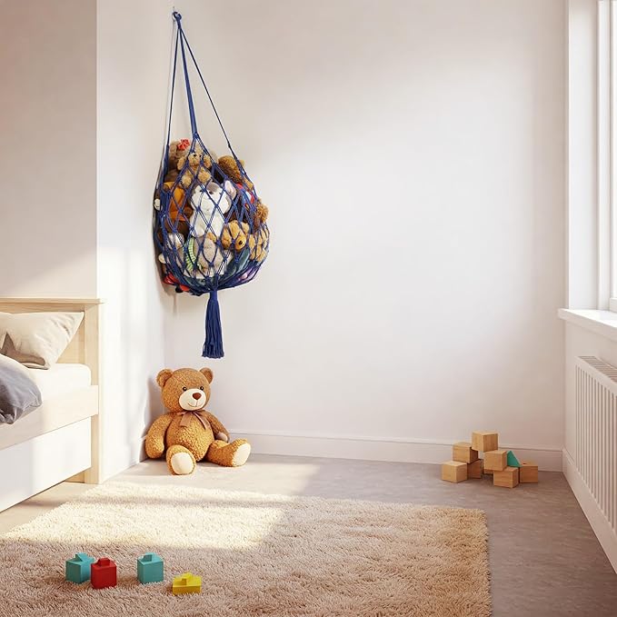 Stuffed Animal Storage Hammock Corner Hanging Net Stuffy Animal Hammock Macrame Toy Display Plush Toy Holder for Kid Bedroom Decor Boho Nursery Playroom Organizer (Blue)