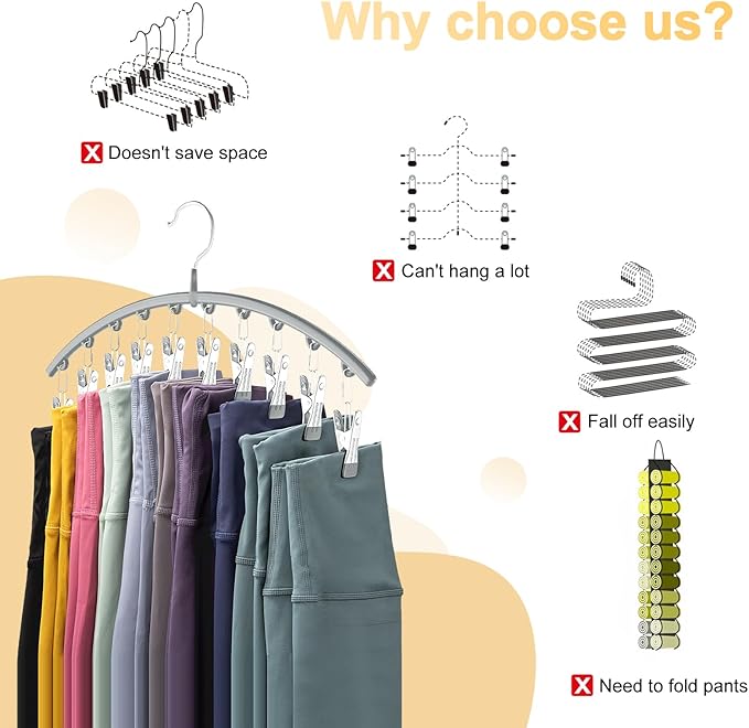 Legging Organizer for Closet, Metal Yoga Pants Hanger w/Rubber Coated 2 Pack w/10 Clips Hold 20 Leggings, Hangers Space Saving Hanging Closet Organizer for Closet Organizers and Storage-Grey