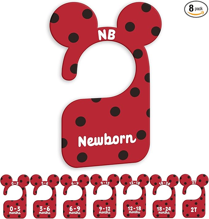 JMOST Baby Closet Dividers for Nursery Closet Organizer, Newborn to 24 Months Size Clothes, Black Red Hangers with Size Dividers, Double Sided