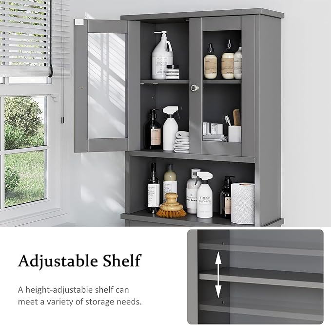 Meilocar Over The Toilet Storage Cabinet, Bathroom Storage Organizer Over Toilet with Glass Doors, Over Toilet Cabinet for Bathroom Freestanding Space Saver, Grey