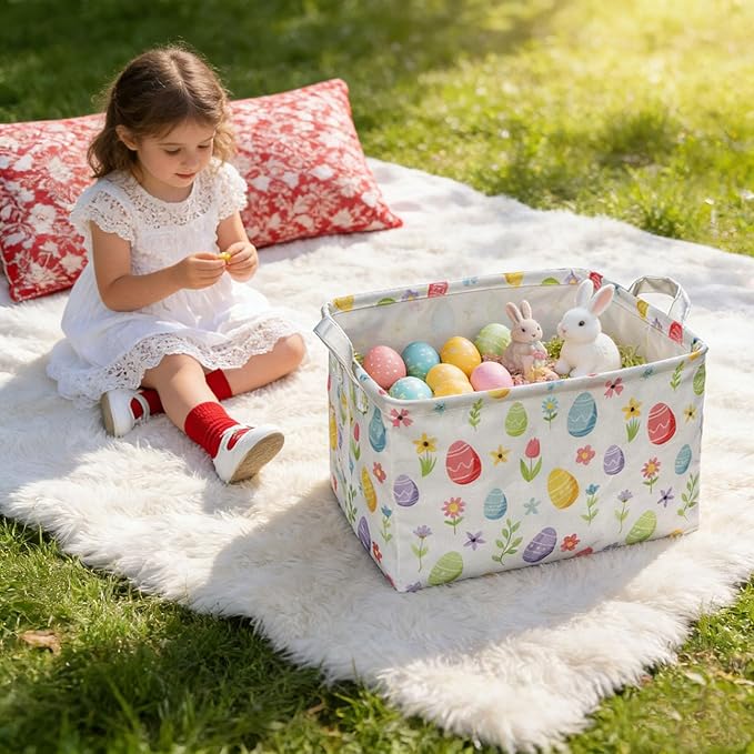 Easter Storage Basket, Egg Pattern Basket for Gifts Cute Foldable Waterproof Lining Collapsible Organizer with Handles for Home Closets Shelf Offices,Bedrooms,Dorm Toy Storage