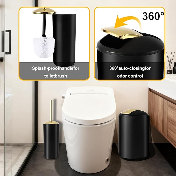 25 Pieces Bathroom Set Black and Gold Bathroom Accessories Set, Shower Curtain and Rugs, Trash Can, Toilet Brush, Soap Dispenser, Soap Dish, Toothbrush Holder, Tumbler, Tray, Qtip Holder
