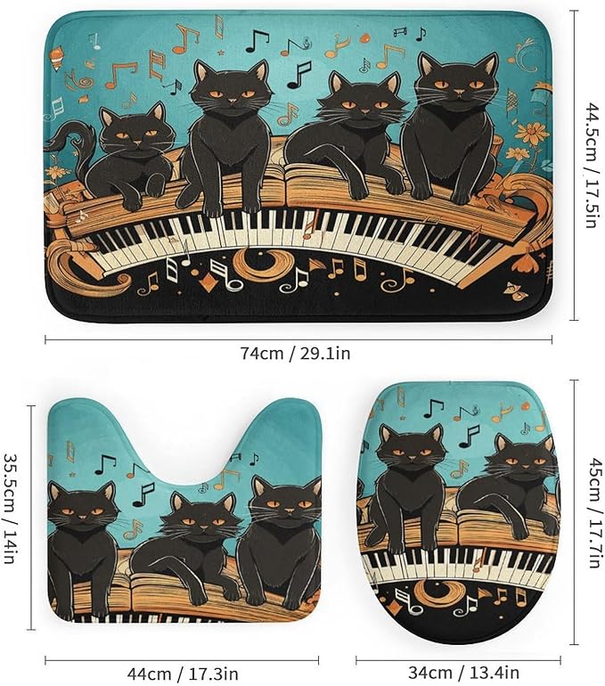 4-piece Bathroom Set with Waterproof Shower Curtain, Non-slip Absorbent Rug,Four Black Cats Lying on The Piano Keyboardprinting And Toilet Seat Cover - Bathroom Accessories And Decor for Modern Homes,