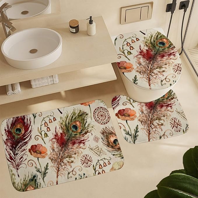 4 Piece Bathroom Rug Set with Shower Curtain, Non-Slip Bath Mat Toilet Cover Set, Peacock Feathers Bathroom Rug Sets