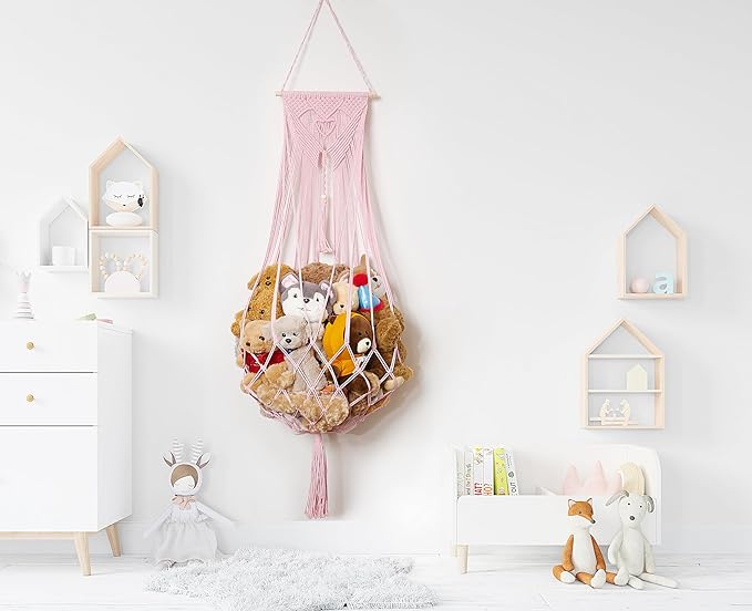 Stuffed Animal Net or Hammock Corner or Wall Hanging Net for Plush Toy Storage Boho Macrame Toy Display Nursery Bedroom Decor Stuffy Animal Toy Organizer (Pink)