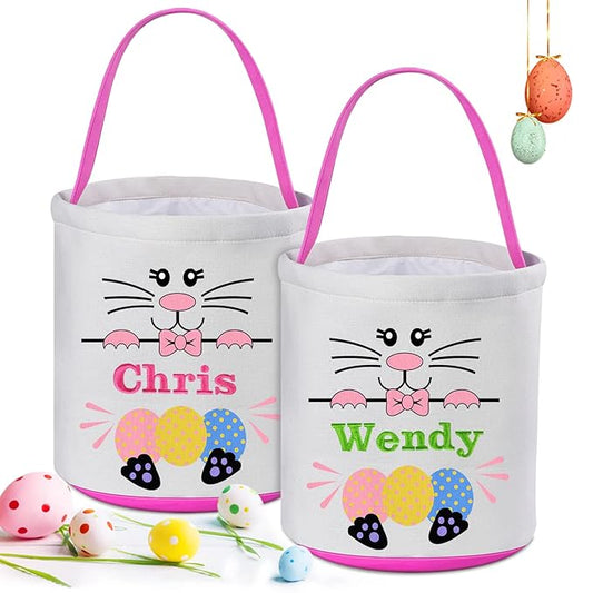 2 Pack Personalized Easter Basket for Kids, VAPCUFF Easter Baskets for Boys Girls Easter Bunny Basket Easter Basket Bags Easter Gifts Baskets for Kids Easter Empty Basket Easter Egg Hunt Basket