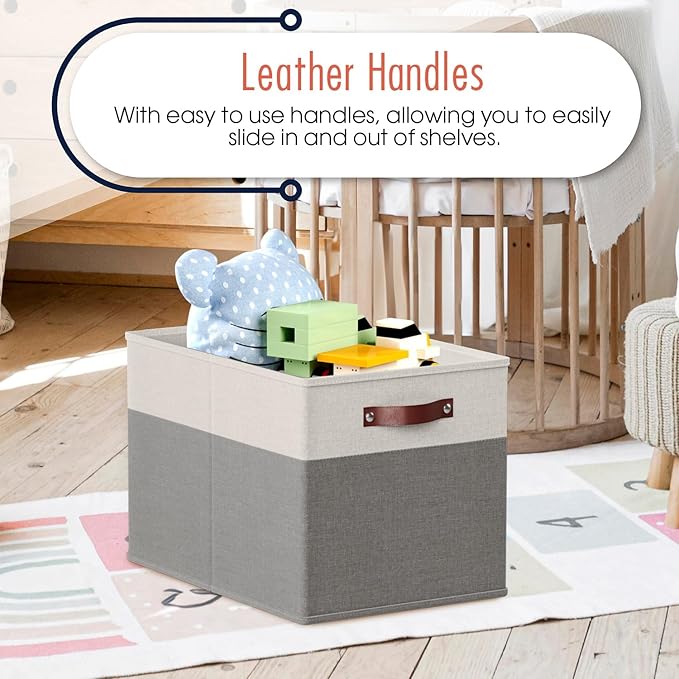 Ornavo Home 13 x 15 x 13 Kallax Storage Cube Bins, Foldable Collapsible Fabric Storage Bins Box Linen Shelf Basket Cube Organizer for Closet with Leather Handles, 6 Pack, White/Gray