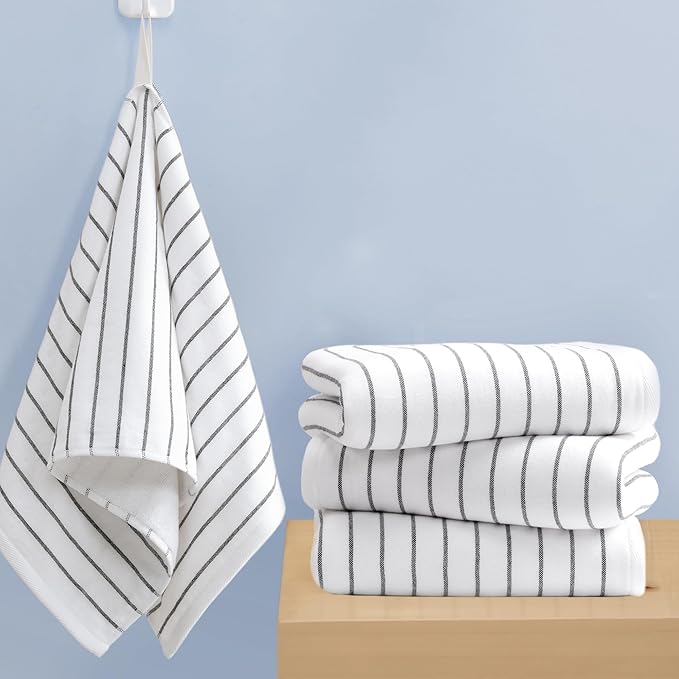 4-Pack Striped Hand Towels, thick 450GSM, Ultra-Absorbent & Quick-Drying ，100% Cotton 13x28 Inch Hand Towels with Hanging Loops, White Background Black Stripe Design for Bathroom & Kitchen