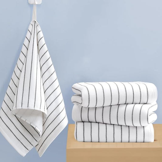4-Pack Striped Hand Towels, thick 450GSM, Ultra-Absorbent & Quick-Drying ，100% Cotton 13x28 Inch Hand Towels with Hanging Loops, White Background Black Stripe Design for Bathroom & Kitchen