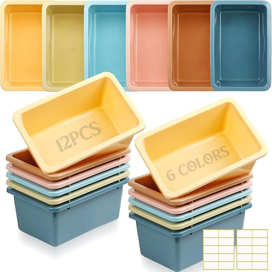Thyle 12 Pieces Plastic Cubby Bins with Labels 11.6 x 7.7 Inch Classroom Book Bins Stacking Storage Container Organizer Storage Cubbies for Classroom Office (Simple, Morandi Color)
