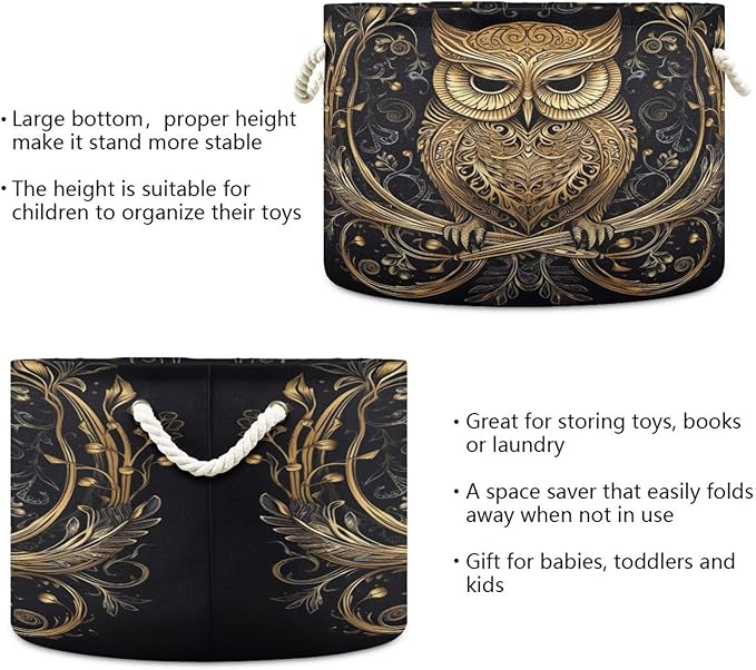 Blanket Storage Basket for Living Room - Abstract Funny Owl Large 20"x20"x14" Cotton Rope Handles Laundry Basket, Foldable for Toy Storage, Blanket Basket