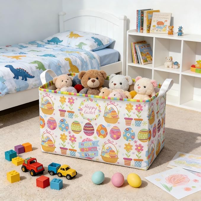 Easter Storage Basket, Egg Pattern Basket for Gifts Cute Foldable Waterproof Collapsible Organizer with Handles for Home Closets Shelf Offices,Bedrooms,Dorm Toy Storage