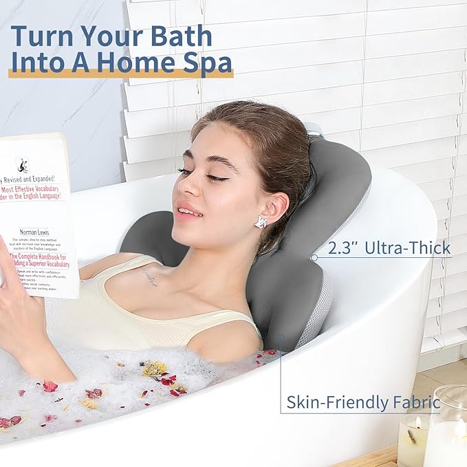Bath Cushion, Full Body Bathtub Pillow with 160 Suction Cups, Bath Mat for Head and Neck Support, with Laundry Bag (Dark Gray, 60" x 16")