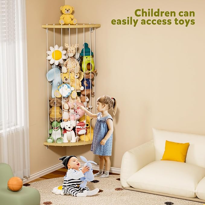 Dayacoco 80 in Stuffed Animal Storage Wooden Corner Shelf,60-80 in Length Adjustable,Stuffed Animal Organizer,Wall Hanging Stuffed Animal Holder Shelf for Nursery & Play & Bedroom & Kid Room