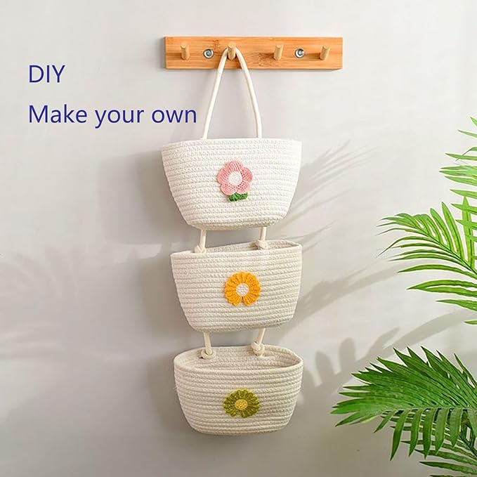 YYaaloa White Woven Cotton Hanging Baskets for Organizing Decor 3-Tier Over the Door Wall-Mounted Storage Bag Nursery Baskets for Organizing Living Room, Bathroom and Bedroom (White)