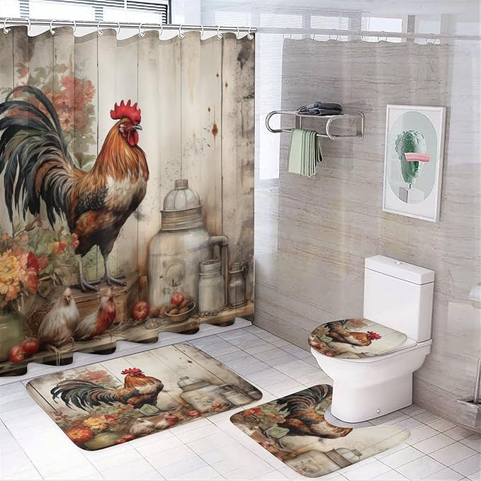 4 Piece Bathroom Rug Set with Shower Curtain Non-Slip Rugs and Toilet Mat Lid Rug Accessories It's Just Chicken Time Waterproof Shower Curtain Chicken Gifts for Bathroom Decor Set