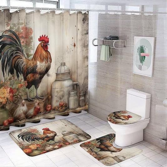 4 Piece Bathroom Rug Set with Shower Curtain Non-Slip Rugs and Toilet Mat Lid Rug Accessories It's Just Chicken Time Waterproof Shower Curtain Chicken Gifts for Bathroom Decor Set