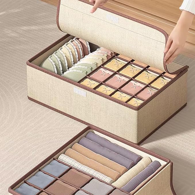 Sock Underwear Organizer Divider with Lid, 1+16 Cells Drawer Fabric Foldable Cabinet Closet Storage Boxes for Storing Socks, Underwear, Ties (Beige)