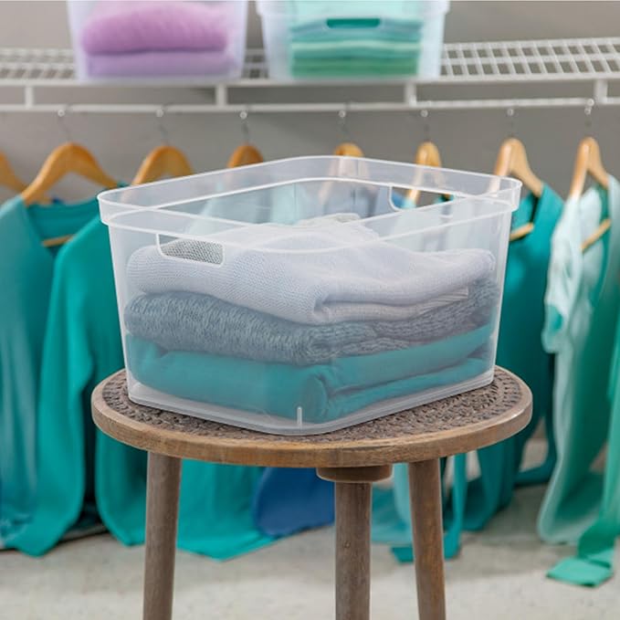 Sterilite 8.25x12.25x15 Inch Modern Polished Storage Bin w/Comfortable Carry Through Handles & Banded Rim for Household Organization, Clear (18 Pack)