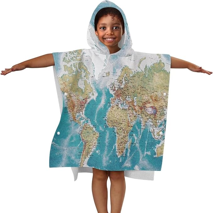 Hooded Kids Bath Towel World Map Ultra Soft Towel Highly Absorbent Bathroom Beach Swim Supplies Toddlers Shower Decorations for Boys Girls
