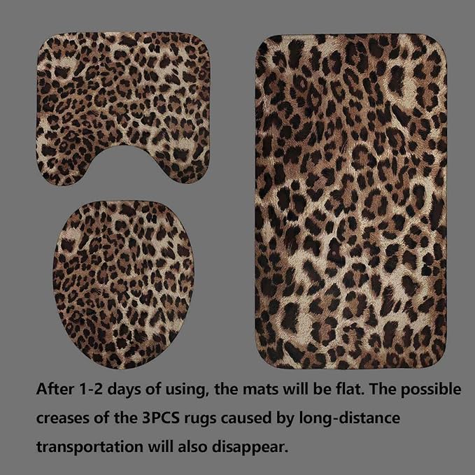 4PCS Black Brown Leopard Print Shower Curtain Sets With Rugs, Waterproof Fabric Shower Curtain, African Wildlife Wild Animal Safari Skin Powerful Cheetah Cat Panthera Fur Modern Bathroom Decor