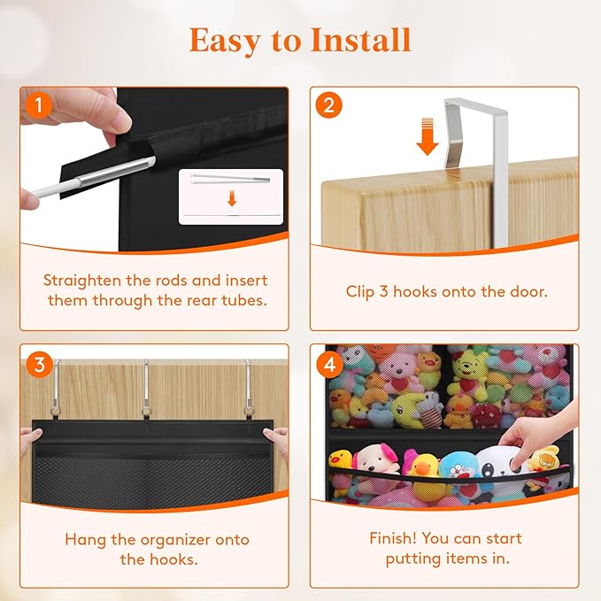 Lifewit Stuffed Animal Storage, Over the Door Organizer with 5 Expandable Mesh Pockets, Breathable Oxford Fabric Hanging Kid Baby Plush Toy Holder for Nursery, 167 cm (65.8'') High, Black, 1 Pack