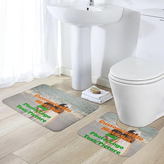 2 Piece Bathroom Custom Floor Mat Set Personalized Rug Design Your Own Bath Toilet U-Shaped Rugs Add Photo/Text Non-Slip for Bathroom Bath Decro