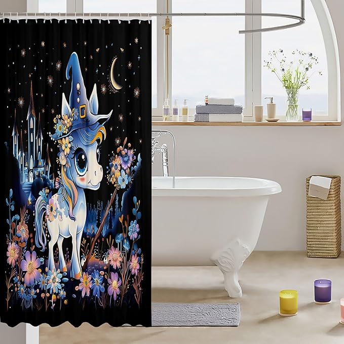 Halloween Theme Moon Animals Shower Curtain,Mysterious Castle Flower Decorative Bath Curtain,Cute Unicorn Hat Home Bathroom Decor Polyester Fabric Waterproof 72 x 84 Inches