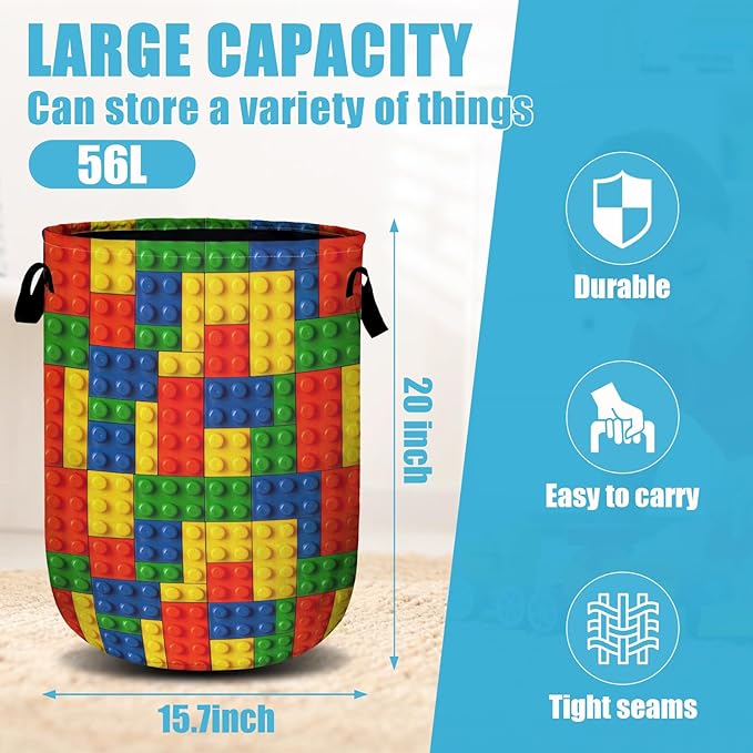 Colorful Building Blocks Laundry Basket, Laundry Hamper Collapsible Oxford Cloth with Handle Clothes Toy Storage Bin for Bathroom Laundry Room Bedroom 15.7 X 20 Inch