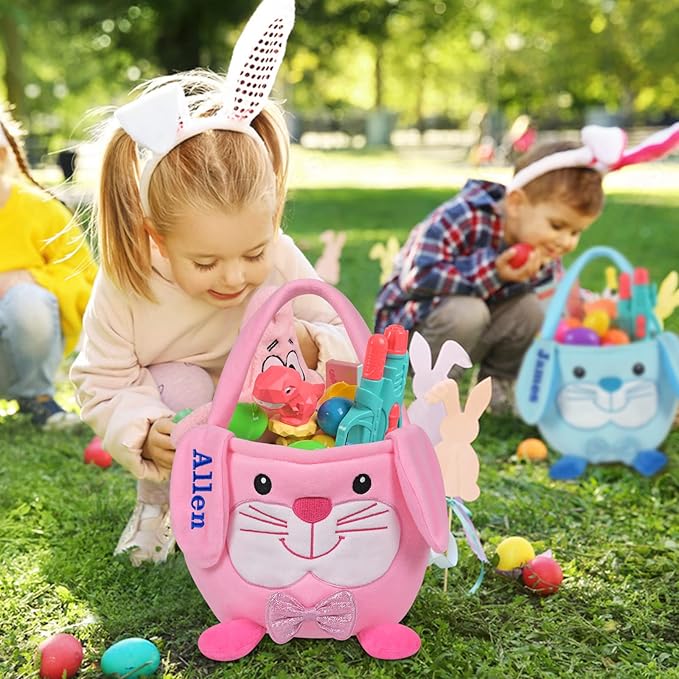 Personalized Easter Basket, PEMIRSAYO Easter Baskets for Kids Easter Bunny Baskets Custom Easter Basket Personalized Easter Gifts Toddler Easter Baskets Empty - Pink Bunny