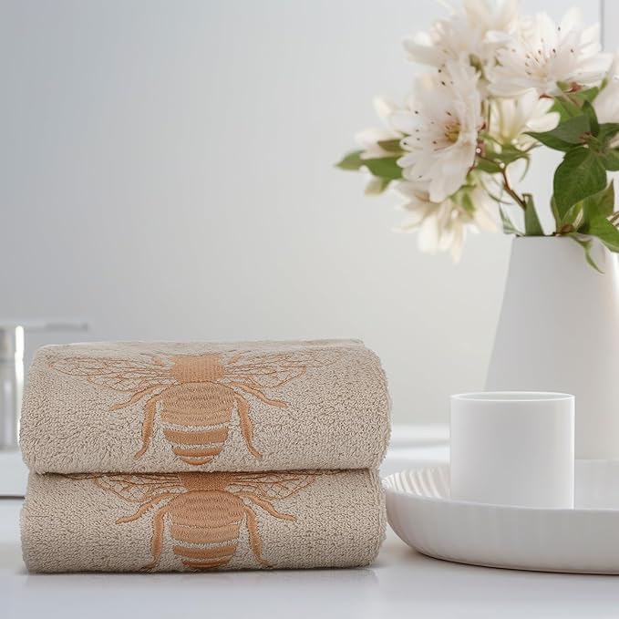 2 Pcs Bee Hand Towels Brown Bathroom Decor 14x29 Inch Embroidered 100% Cotton Soft Absorbent Spring Summer Decorative Hand Towels for Bathroom Kitchen