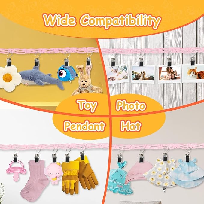 Munzong 2 Pack Pink Hanging Stuffed Animal Storage Chain, 80 Inch Cotton Stuffed Animal Display Holder with 40 Metal Clips for Corner Wall Decor Play Room