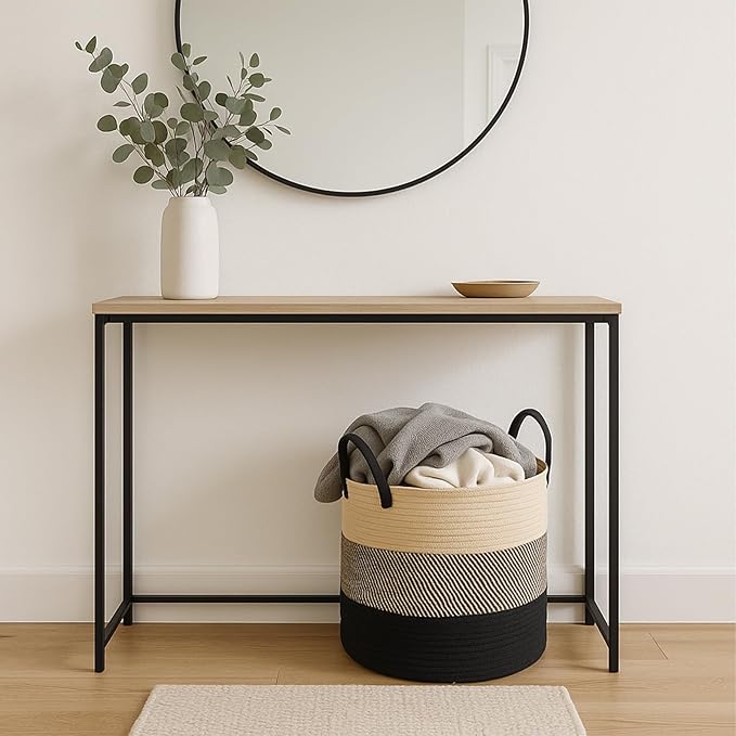 ShellKingdom Laundry Basket, Natural Rope Woven Storage Basket with Handles for Home, Living Room, Laundry, Storage Organizer for Blankets, Clothes, Plant, Toys, 15.7 x 13.8 INCH (3-Toned Khaki Black)