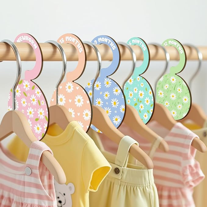 Baby Clothes Dividers for Closet - Set of 8 Wooden Baby Size Closet Dividers Newborn to 24 Months, Newborn Organizer for Girls, Daisy Floral Baby Nursery Decor Kit Newborns Gift Baby Shower