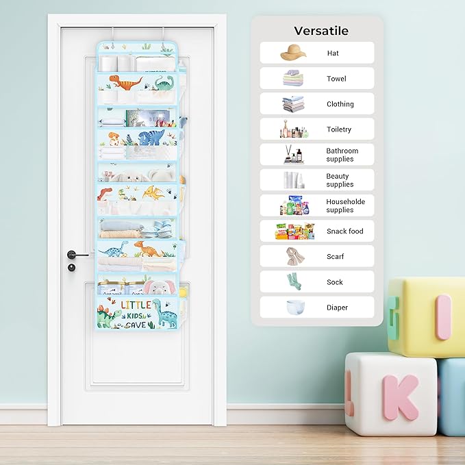 Clastyle Dinosaur Over the Door Organizer Tree Nursery Hanging Storage Organizer for Kids Clothes Diaper Toy Closet Door Hanging Shelf Storage for Bedroom Bathroom Pantry, Blue, 5-Tier