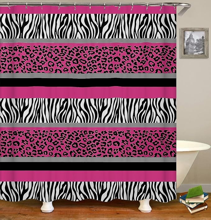 4PCS/Set Hot Pink Leopard Print Shower Curtain, Black and White Zebra Print Wildlife Safari Animal Skin Stripe Fashion Women Girly Bathroom Decor, Non-slip Bath Mat Toilet Rug, Cheetah & Zebra
