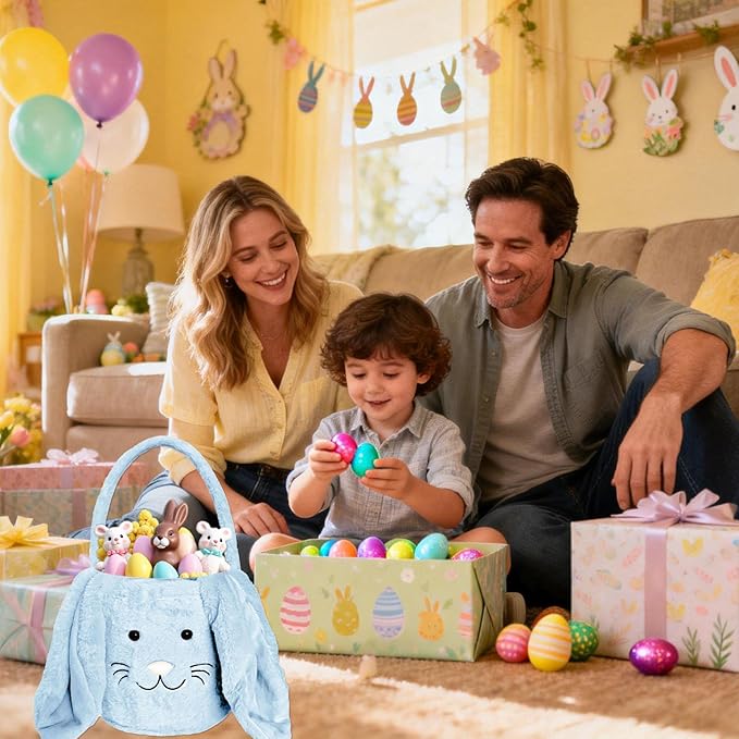 Easter Bunny Basket for Kids, Fluffy Easter Egg Hunt Bag Soft Fabric, Cute Rabbit Tote Bags with Long Plush Ear Easter Tote Bags for Candy Gifts Storage (Blue)